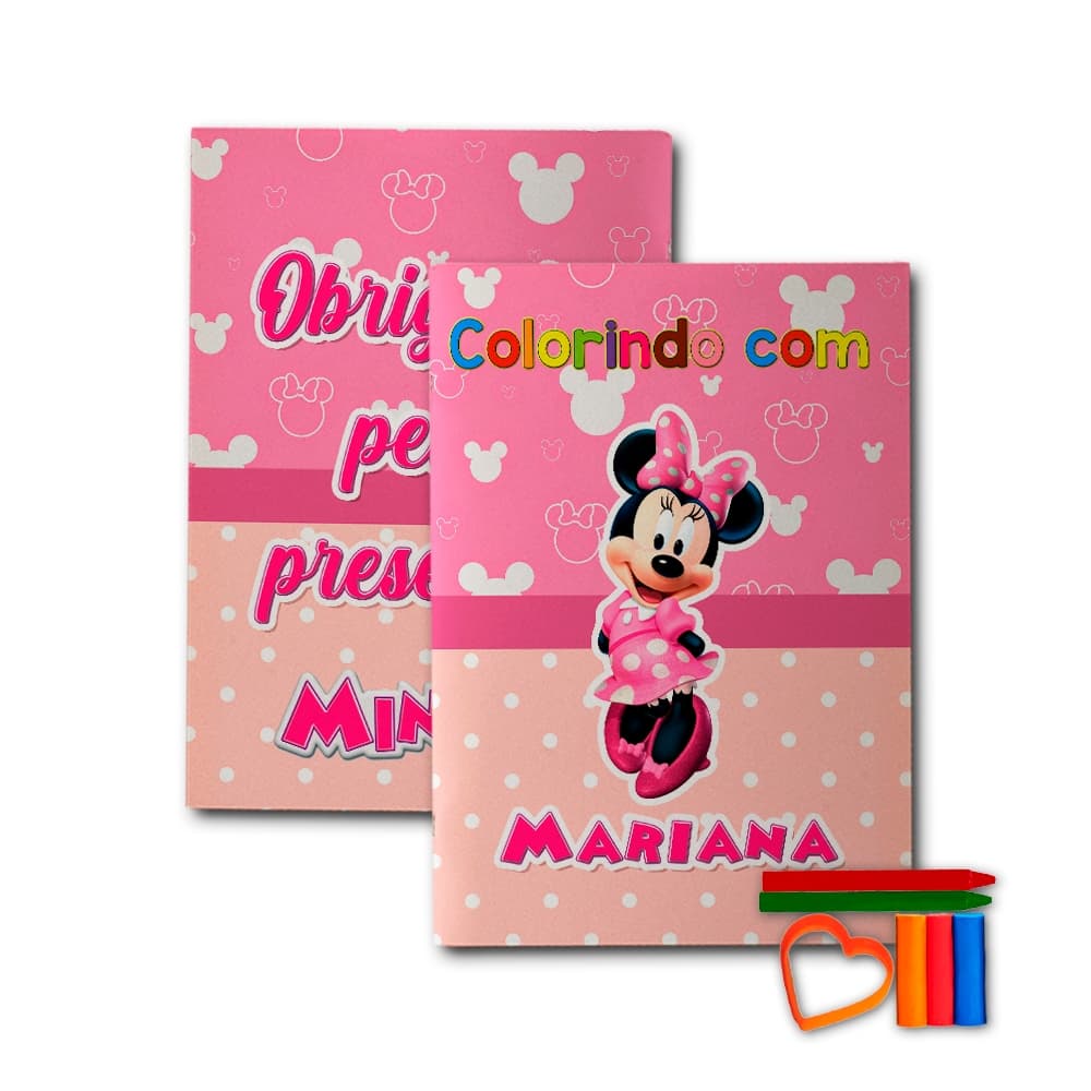 Kit Livrinho Premium Massinha + Giz De Cera Festa Infantil Personalizado Vários Temas Minnie Rosa