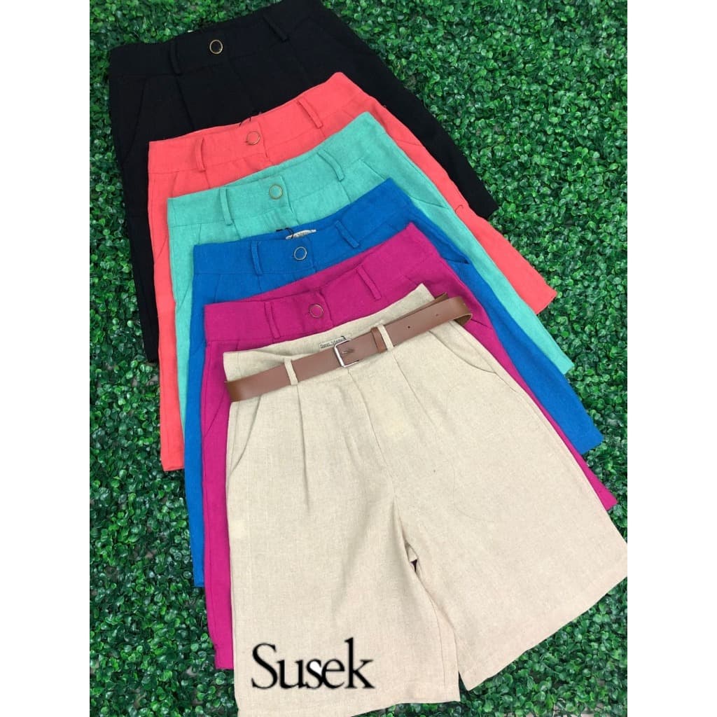 Casual Shorts Liso com Bolsos para Mulheres Sem Cinto Linho 135