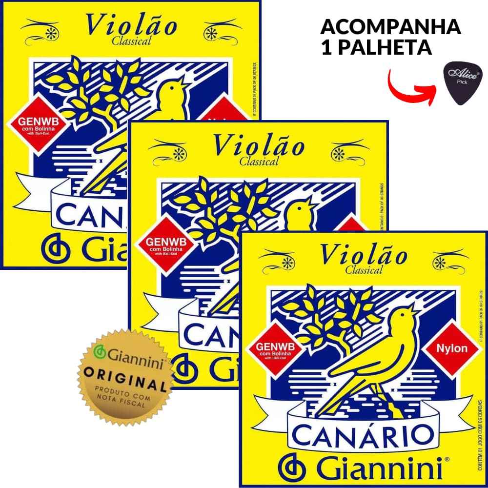 3 Jogos Cordas De Nylon Violão Canário GENWB Tensão Média