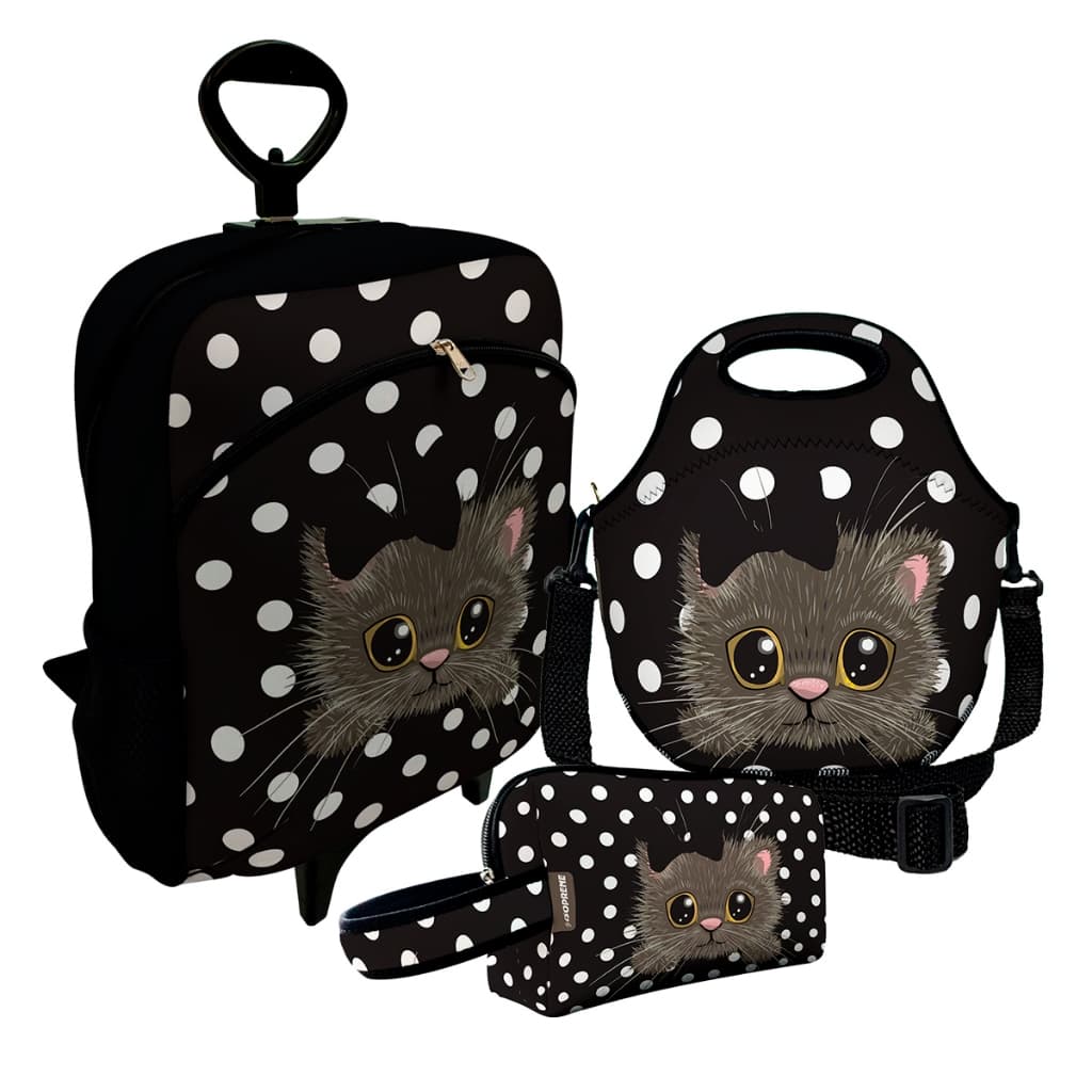 Kit Escolar Mochila com Rodinhas Lancheira Térmica Necessaire Gatinho Poá Volta as Aulas 2024