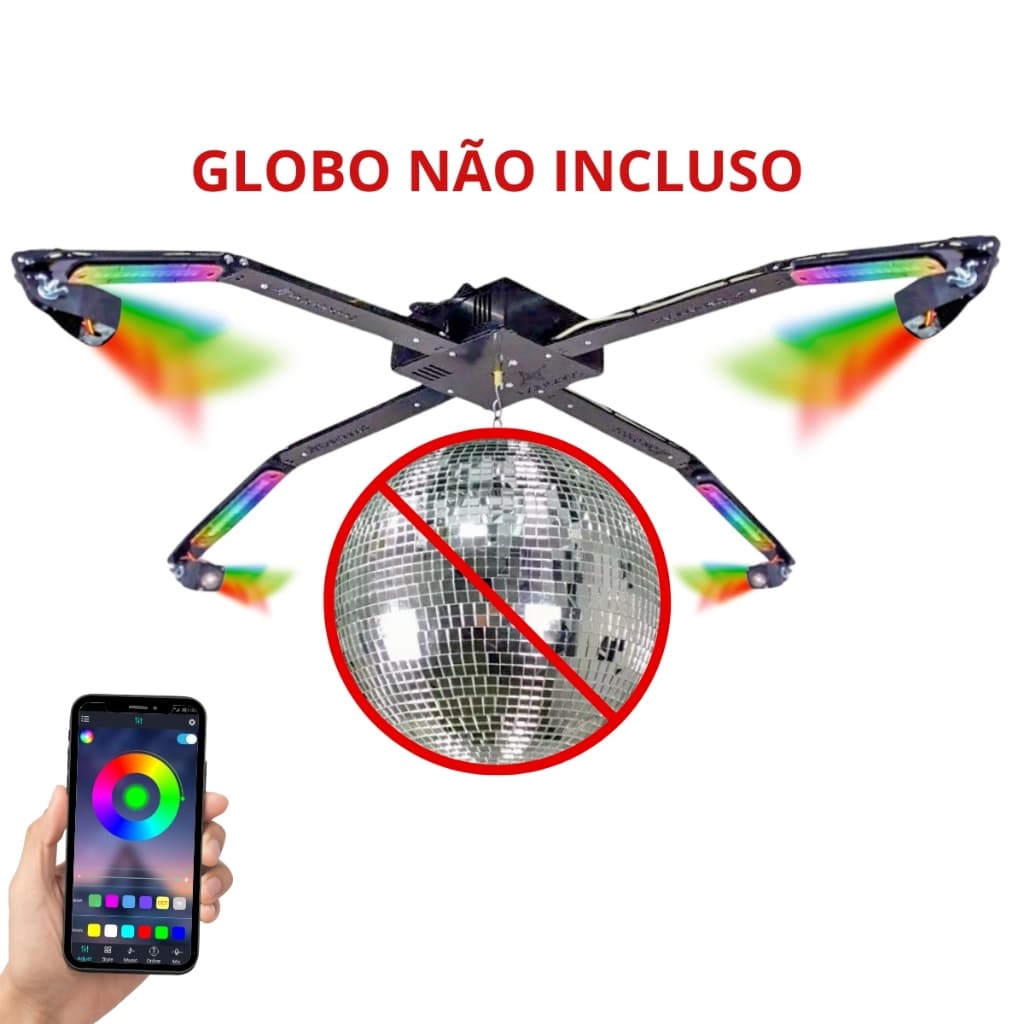 Base P/ Kit Discoteca Deltrônica RGB Globo Espelhado 30cm 4 Canhões LED Strobo Festa Balada Bivolt