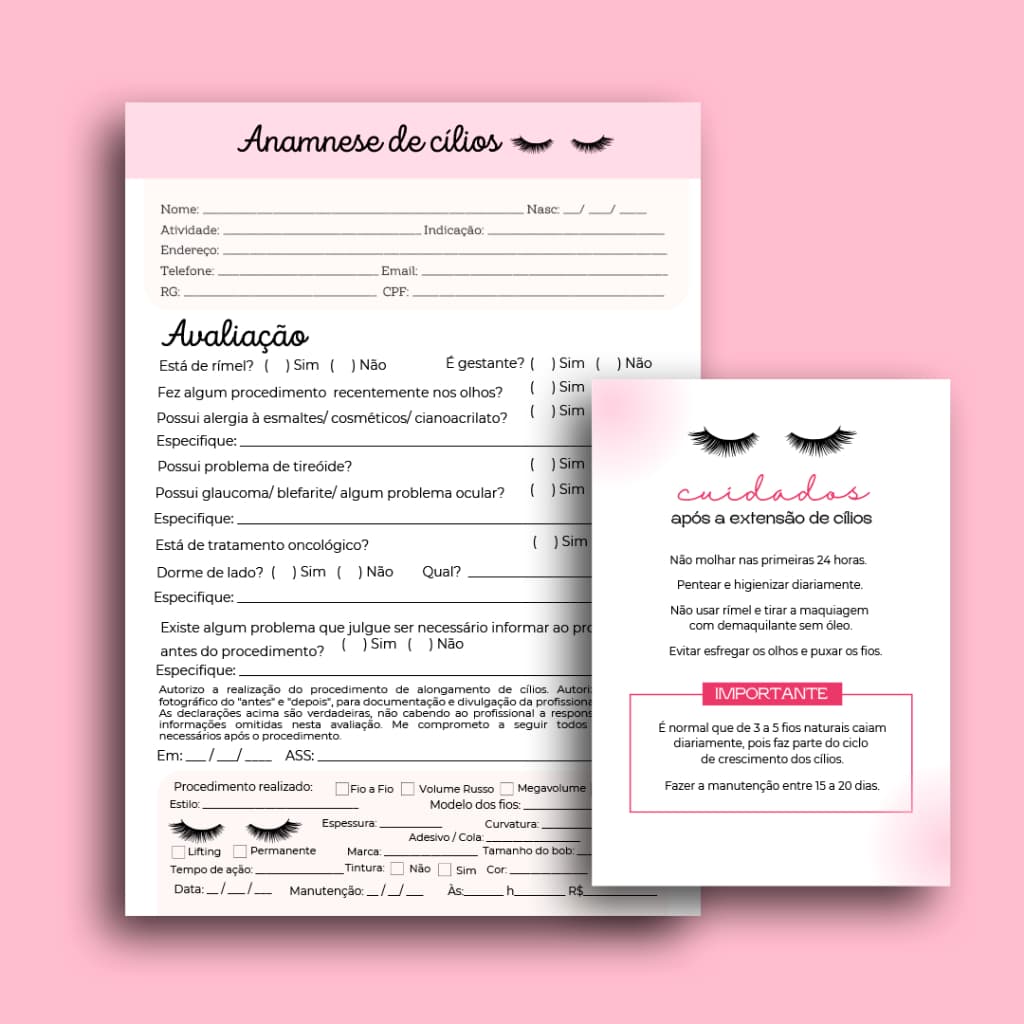 Kit Ficha Anamnese Cílios + Cuidados Pós