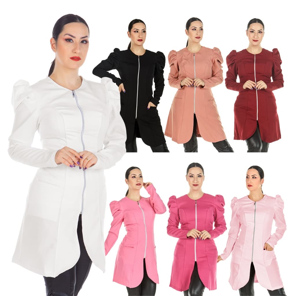 KIT 2 Jaleco Feminino Acinturado Manga Longa Bufante Com Ziper Two Way Profissional Esteticista