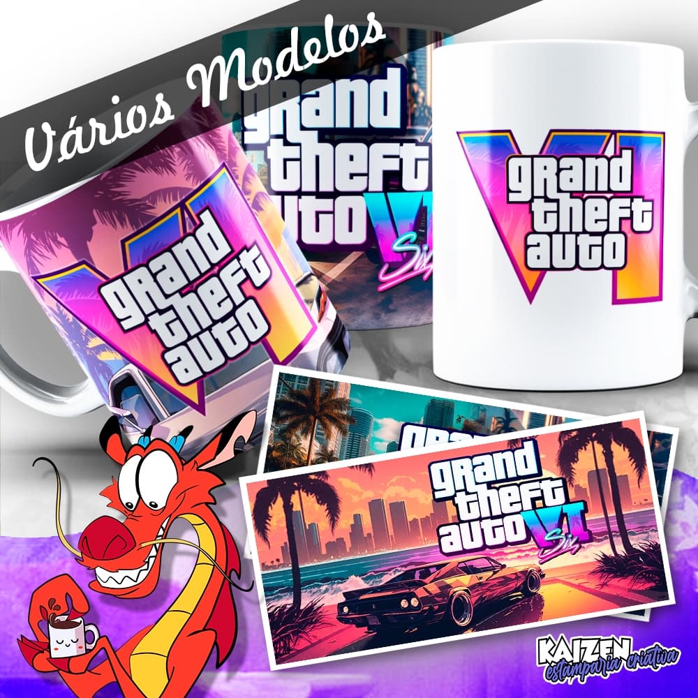 Caneca - Grand Theft Auto VI - GTA 6 / VI / Six - Vários Modelos - Jogos PC / Xbox / PSX - Cerâmica