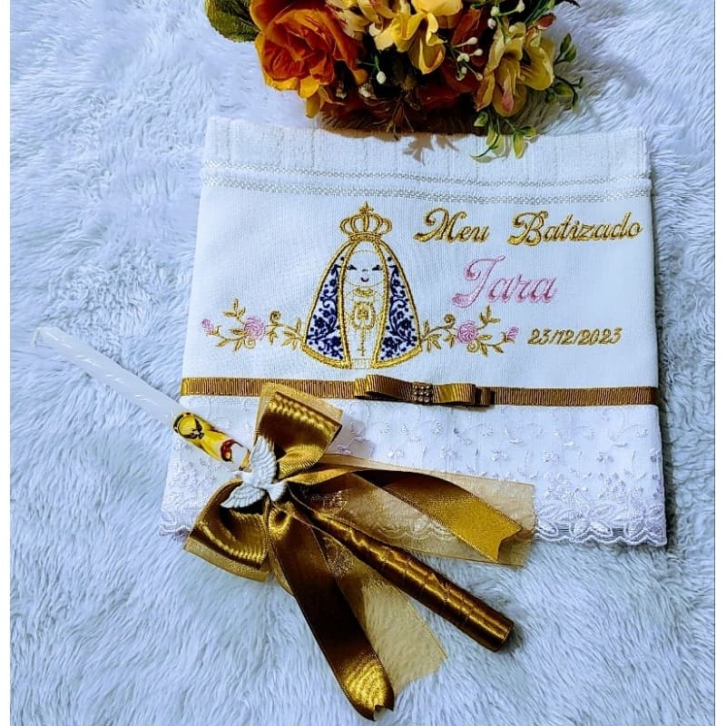Kit Toalha para Batizado e Vela Decorada para Batizado Santinhos