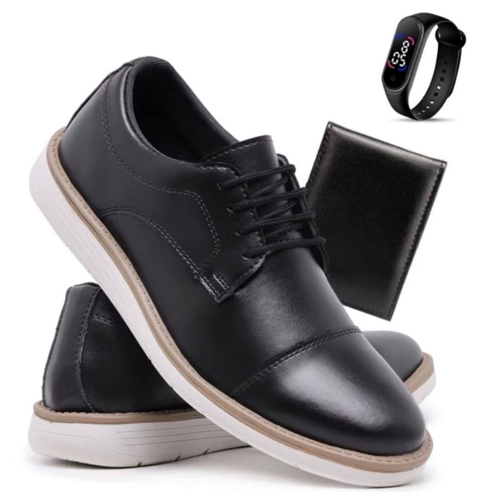 Sapato Oxford Masculino de Couro Italiano Sola Antiestresse Confort + Carteira e Relógio Digital