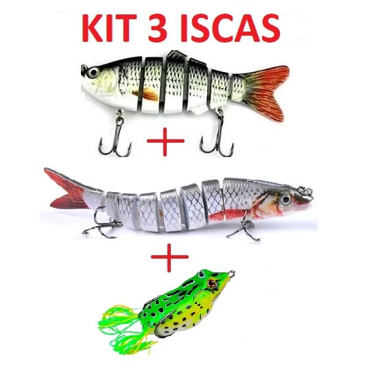 kit 3 iscas artificiais lambari articulado 10cm + lambari articulado 14cm + isca frog sapinho 4cm 5g