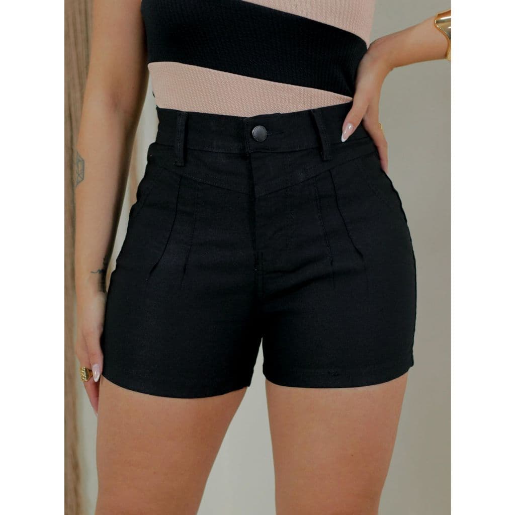 Shorts jeans feminino Preto Cintura Alta com Lycra - Não transparente