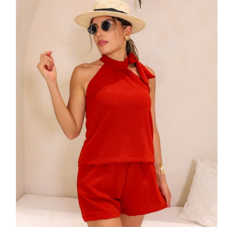 CONJUNTO FEMININO VERÃO REGATA COM GOLA DE AMARRAR E SHORTS FORRADO TIFFANY