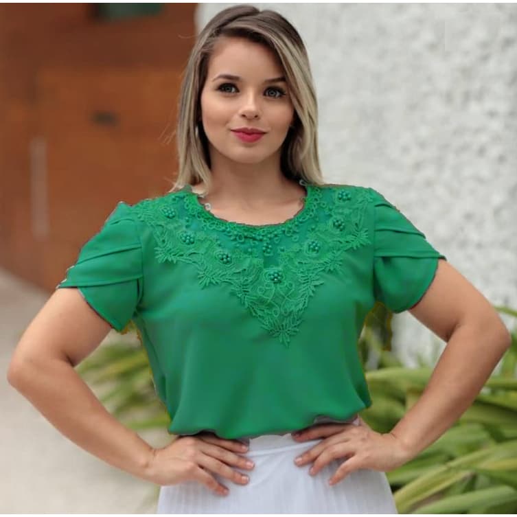 Blusa Camisa Verde Bandeira Manga Curta Renda Social Crepe Feminina Evangélica Cristã Social Bordada Congresso Romântica