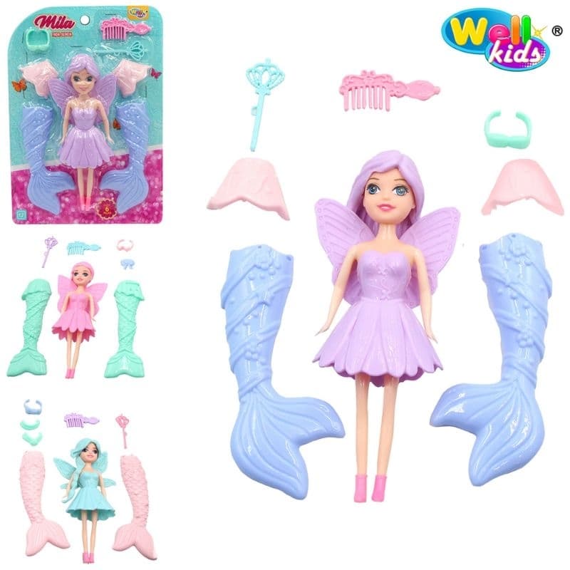 Boneca Fada / Sereia Mila Troca Roupa De Plástico + acessórios 7 Pçs