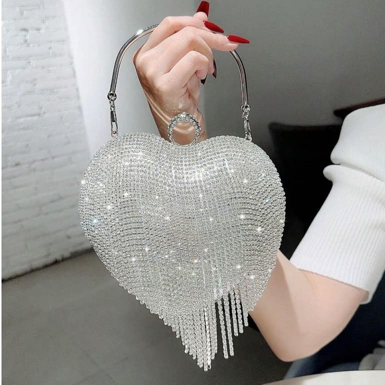 Bolsa De Festa Clutch Coração Com Strass Metalica Bolsa Dourada Prateada Casamento Formatura Balada