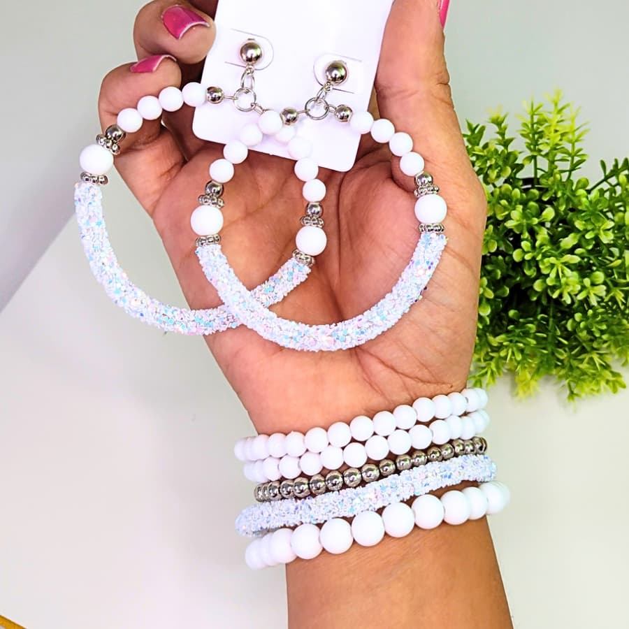 Brinco Argola de Glitter Paetê Com Pulseiras
