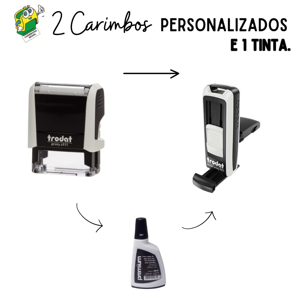 Kit com 2 carimbos Personalizados + 1 tinta  | Carimbo Trodat 4911 | Carimbo Pocket Trodat 9511