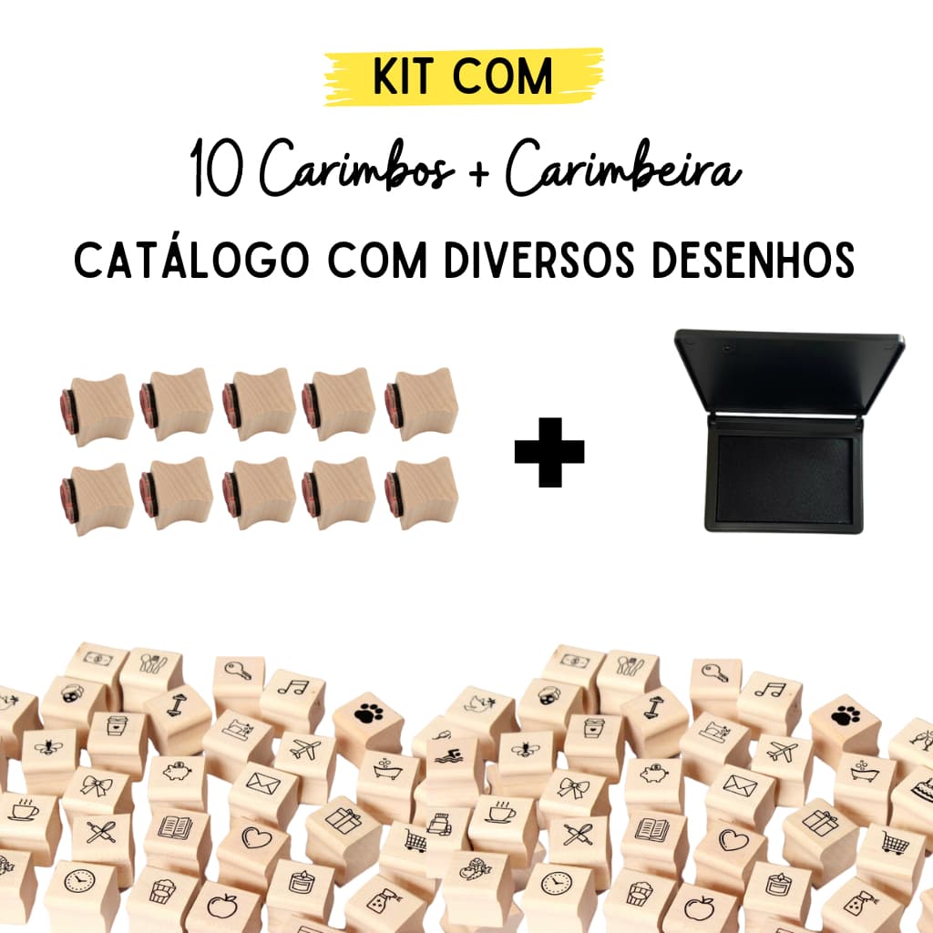 Kit com 10 mini carimbos | 2cm + Carimbeira  | Mini carimbos | Carimbos fofos