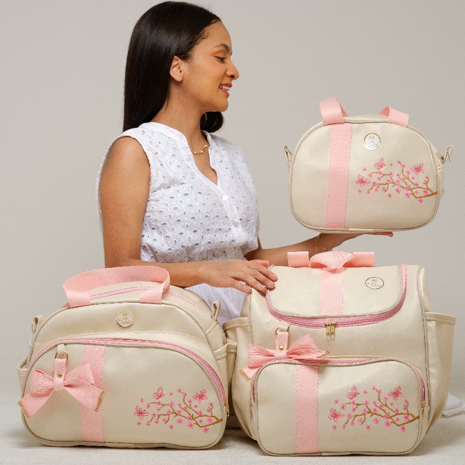 Kit Bolsa Maternidade Menina Borboleta Jardim Encantado 3 Peças Mala Luxo Kit Bolsa Maternidade