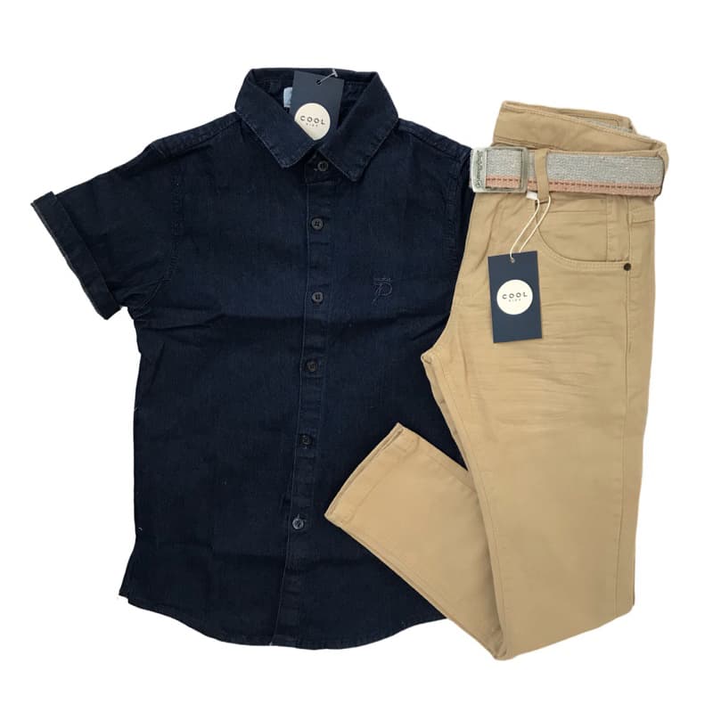 kit conjunto masculino jeans menino camisa manga curta calça sarja bege 1 ao 16anos