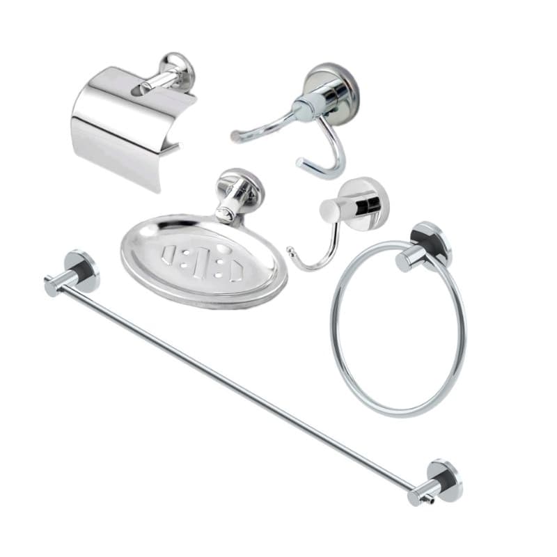 Kit para Banheiro 6 peças Inox Alumínio Papeleira, Cabide simples, Saboneteira e Argola
