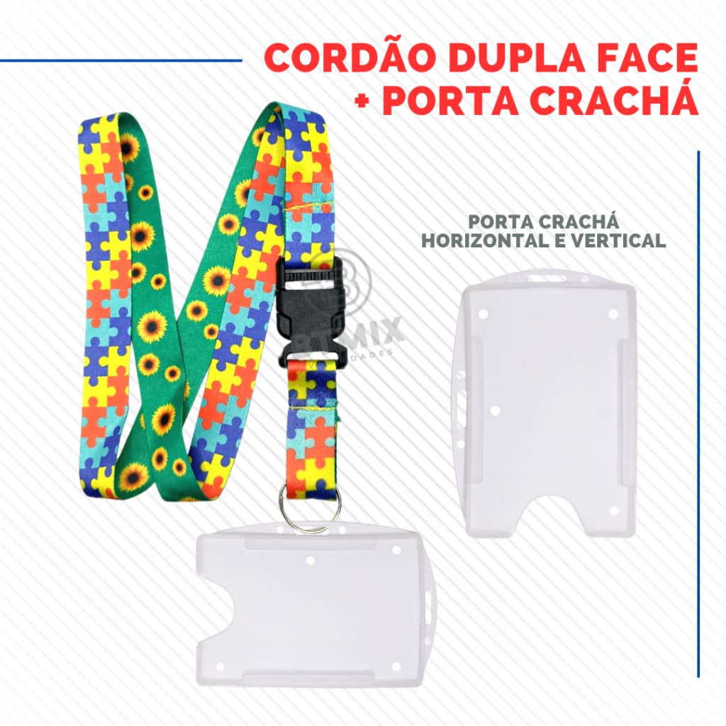 Kit Cordão Dupla Face Girassol Autismo com Porta Crachá Horizontal e Vertical Transparente