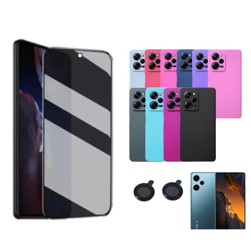 Kit 3X1 Xiaomi Poco F5 - Película Privacidade Ceramica + Capa Colorida TPU + Pelicula de Camera 3D