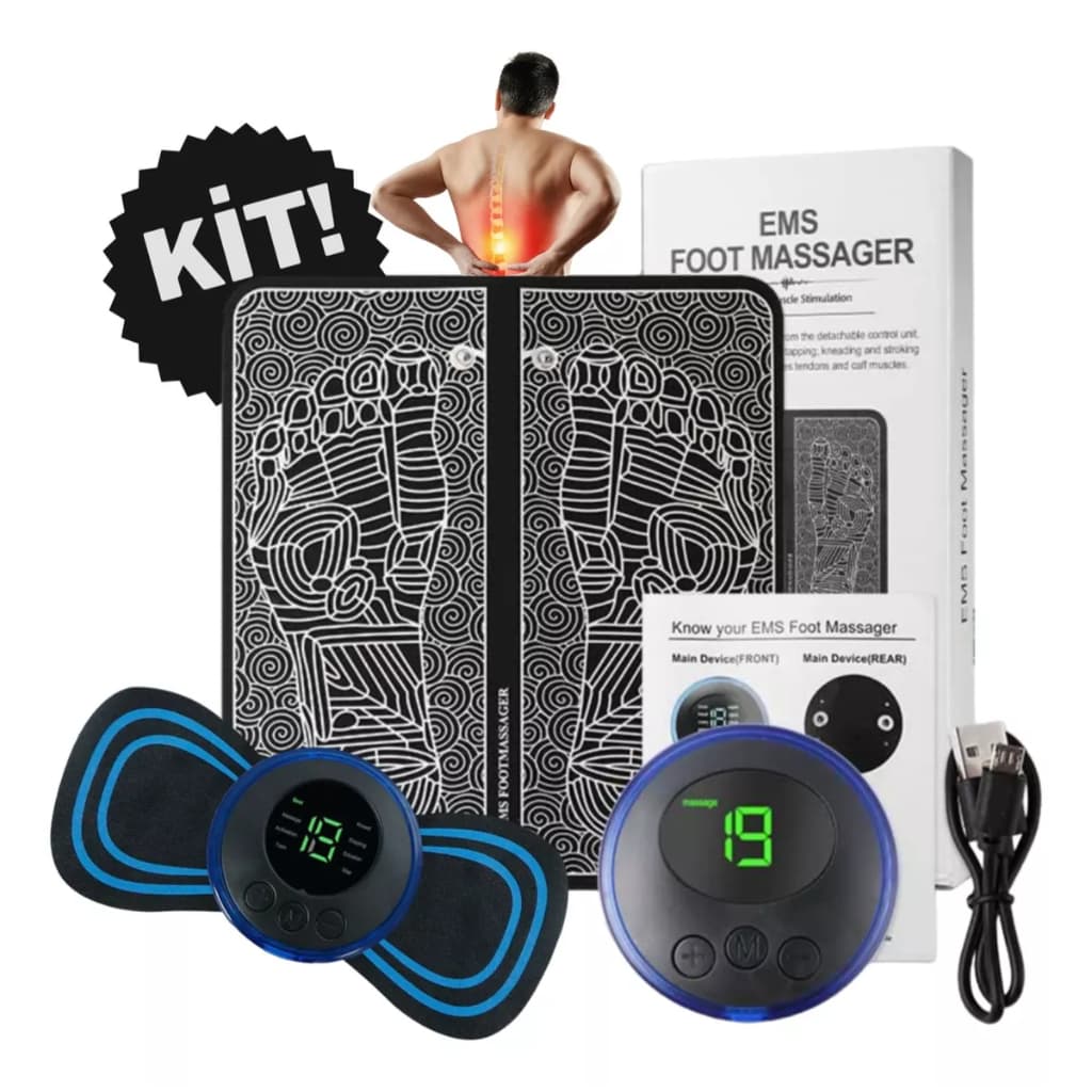 Kit Mini Massageador Elétrico Portátil + Tapete Massageador Alivia Dor Pés E Musculares EMS Dor Coluna Pescoço - Recarregável