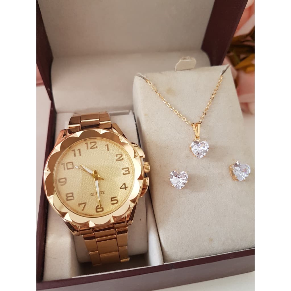 Kit Relógio Feminino Dourado Prata + Colar Brinco Folheado
