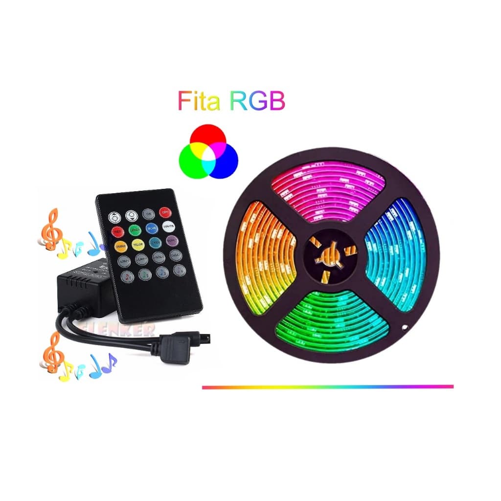 Fita LED RGB Multicores 5M  + Sensor Som Rítmico + Controle Remoto IR _ Batida Música Som Automotivo 12V IP65 LED 3528