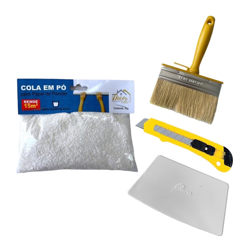 Kit Aplicação Papel De Parede Cola Espátula Estilete Broxa