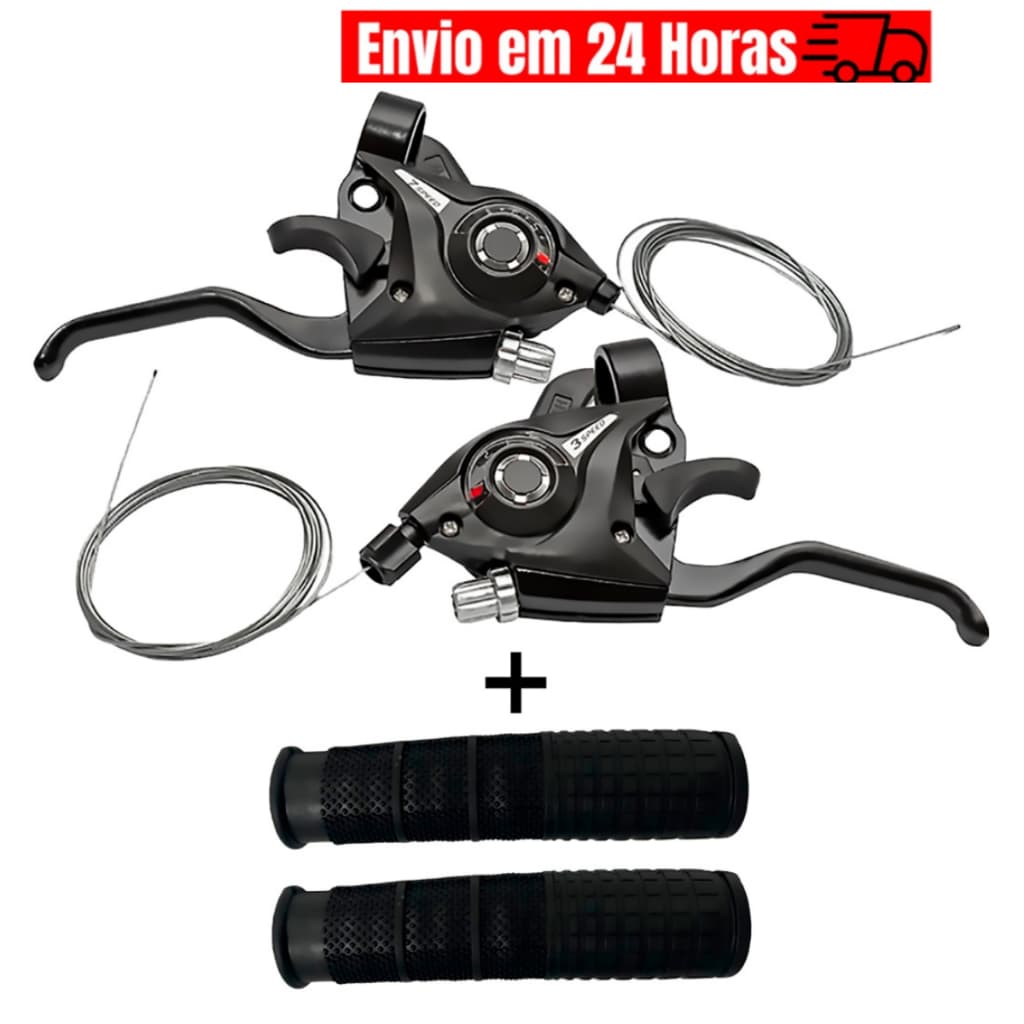 Par de Trocador Passador Alavanca Rapidfire 21 Marchas Index 7v em Alumínio tipo Shimano + Par de Manopla Bicicleta Bike