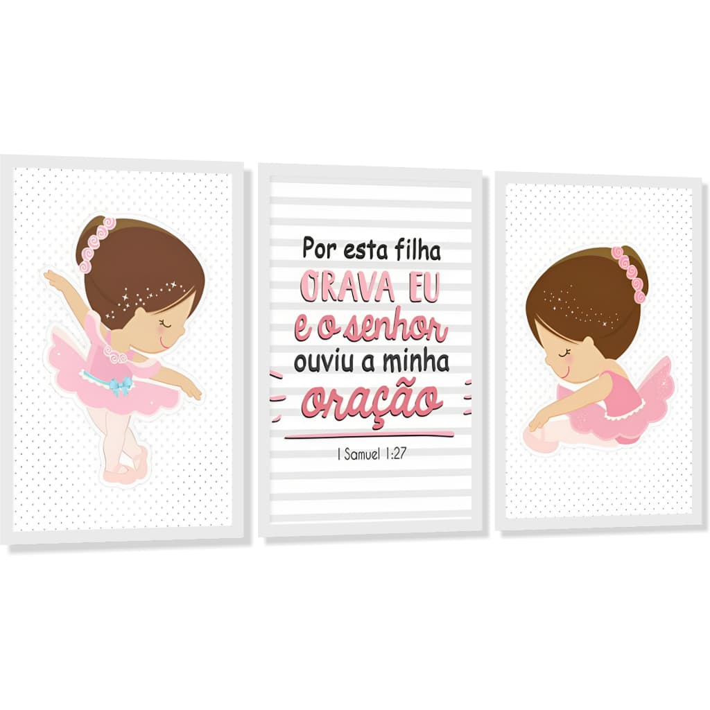 Kit 3 quadros decorativos quarto menina bailarina rosa infantil decoração