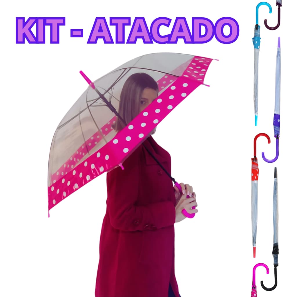 KIT 5 Guarda Chuva Sombrinha Transparente Automático Reforçado com Bolinhas Masculino Feminino Poa