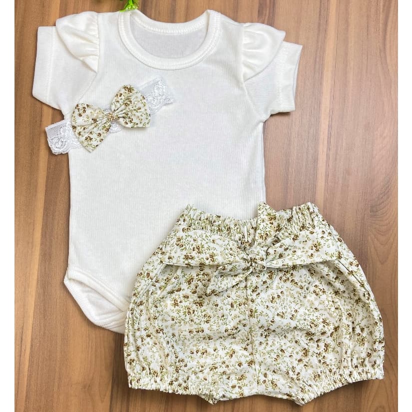 Conjunto Bebê Menina Body + Short Florzinha Off Bege Marrom Delicado