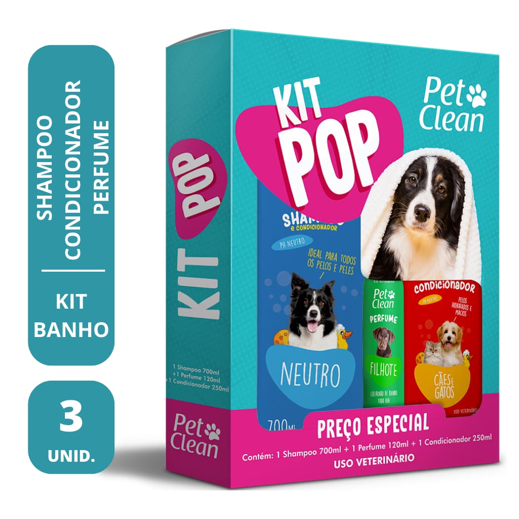 KIT POP Shampoo, Perfume e Condicionador Pet Clean Cães e Gatos
