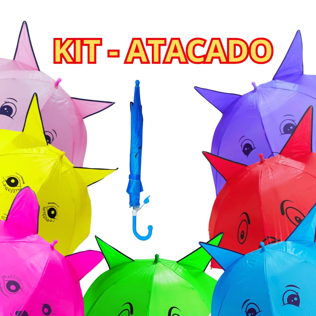 Kit 5 Guarda Chuva infantil sombrinha com Orelhinhas para menino e menina automático com apito