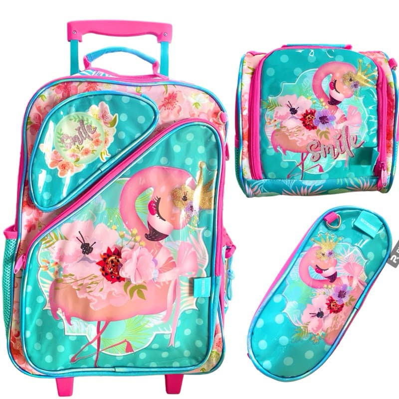Kit Mochila Escolar de rodinhas + lancheira térmica + estojo FLAMINGO 2024- CHENSON