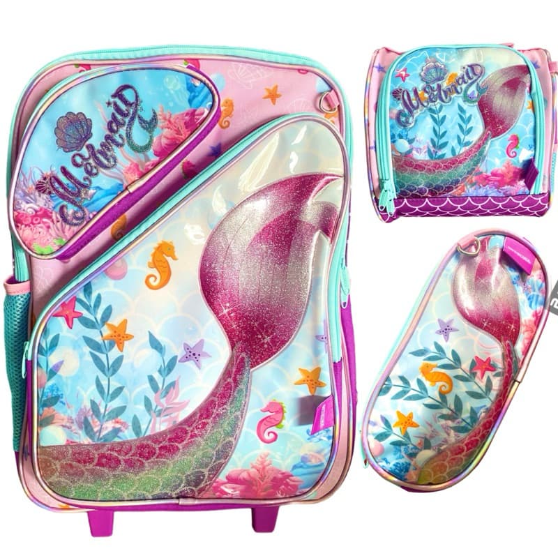 Kit Mochila Escolar infantil com rodinhas + lancheira térmica + estojo da SEREIA - CHENSON