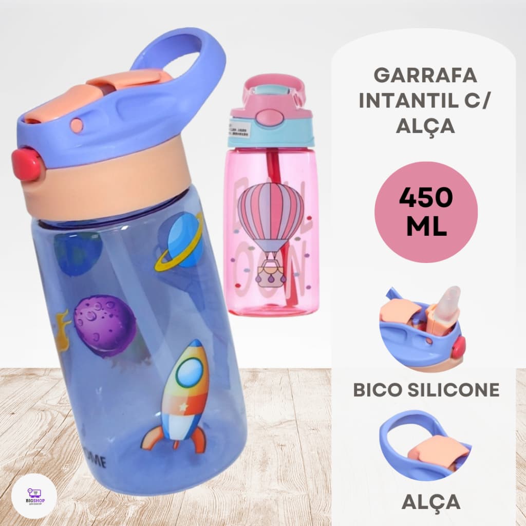 Garrafa Squeeze Infantil Com Canudo Trava Garrafa Escolar Garrafa de Água Infantil Garrafinha de Água Infantil Garrafa Squeeze Garrafa Silicone Squeezer Portatil Volta as Aulas 450ml 500ml