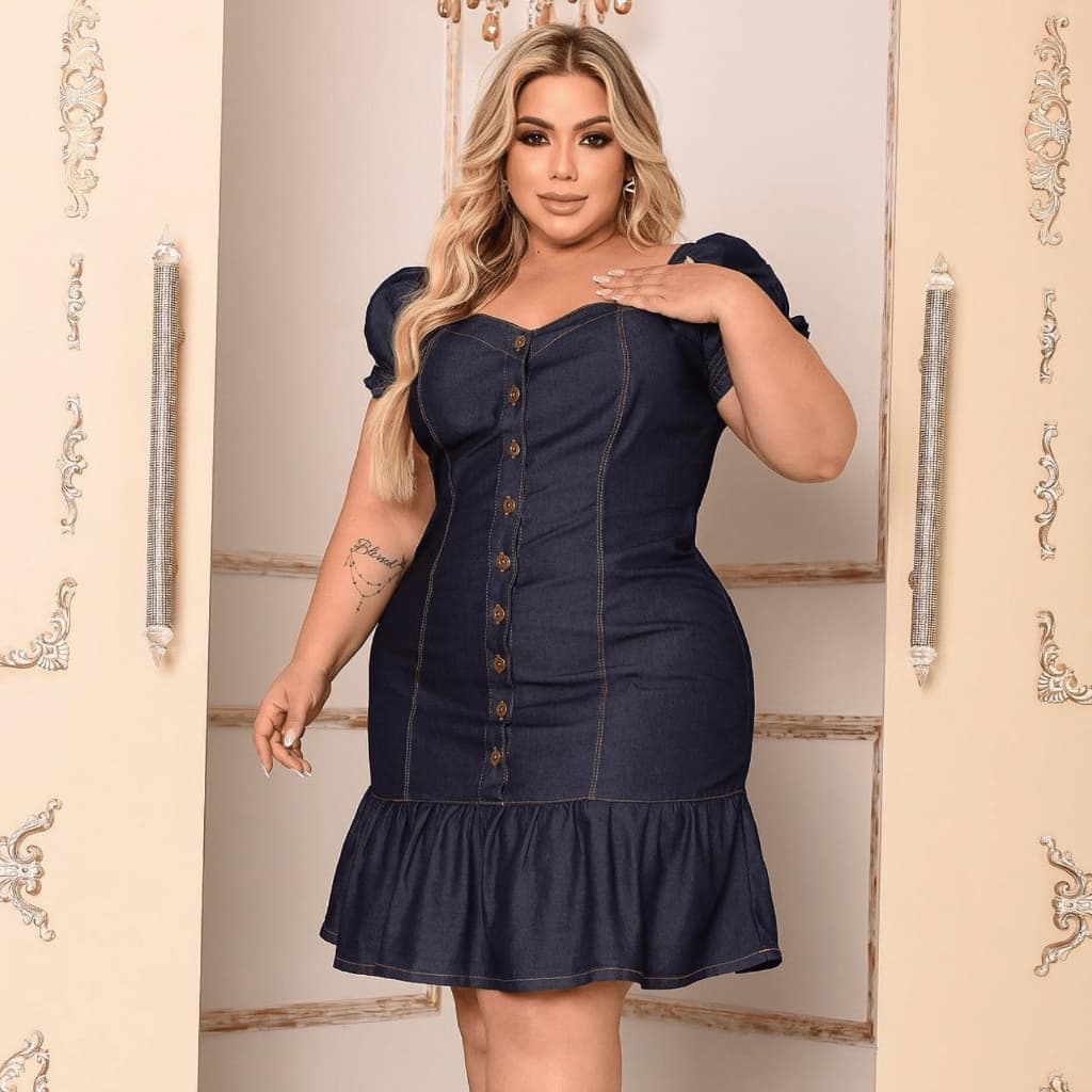 Vestido Jeans Feminino Plus Size Peplum Senhora Premium Moda Maior Elegante