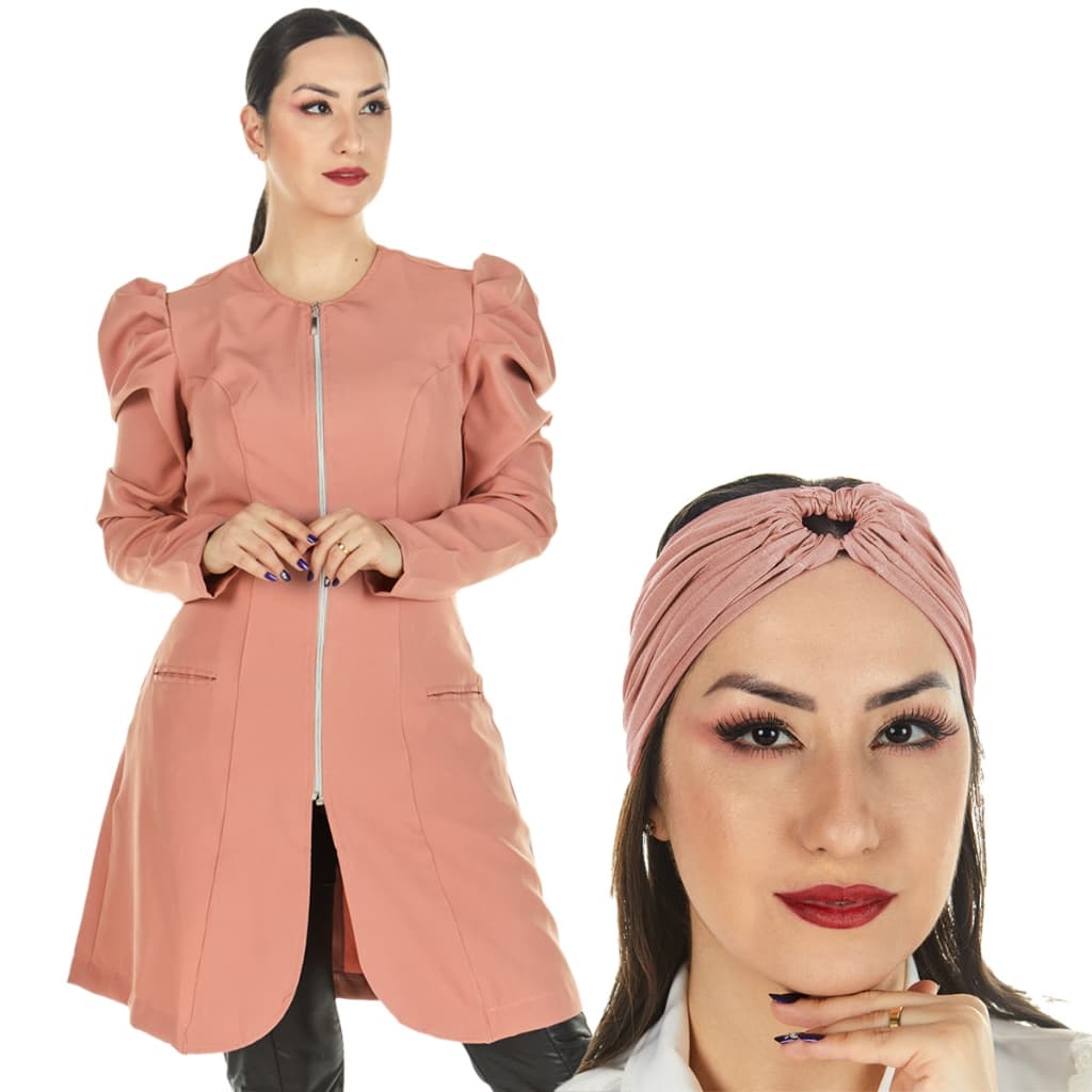 Jaleco Feminino Manga Longa Bufante Princesa Acinturado Esteticista Dentista Consultório Com Faixa 2 em 1 Turbante