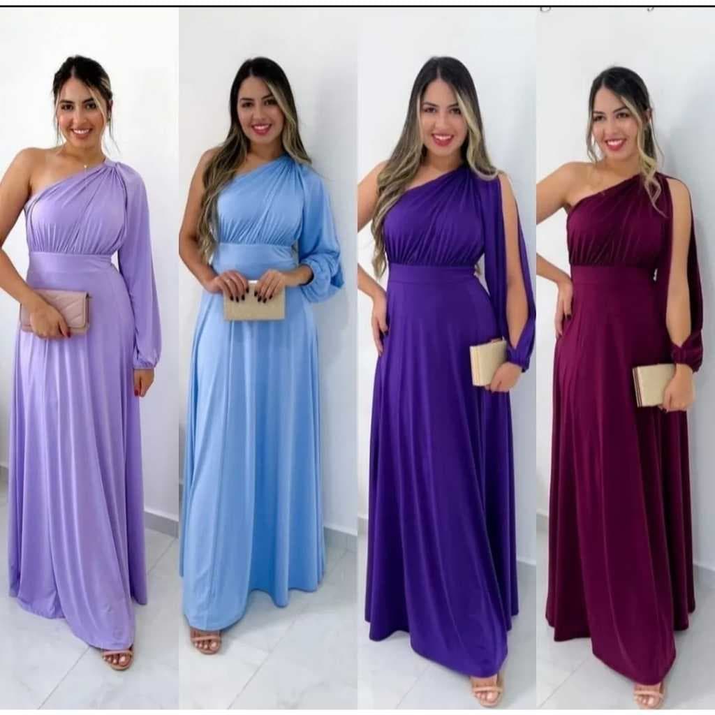 Vestido longo Feminino Festa Casamento para Madrinha Longo Estilo Sereia Soltinho Uma Manga Só Longa Mula Manca com Bojo