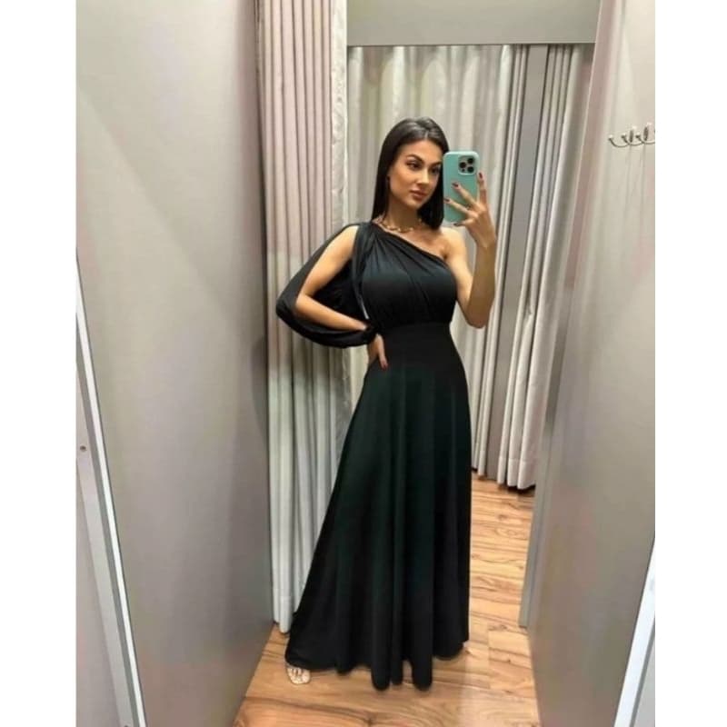 Vestido longo Feminino Festa Casamento para Madrinha Longo Estilo Sereia Soltinho Uma Manga Só Longa Mula Manca com Bojo