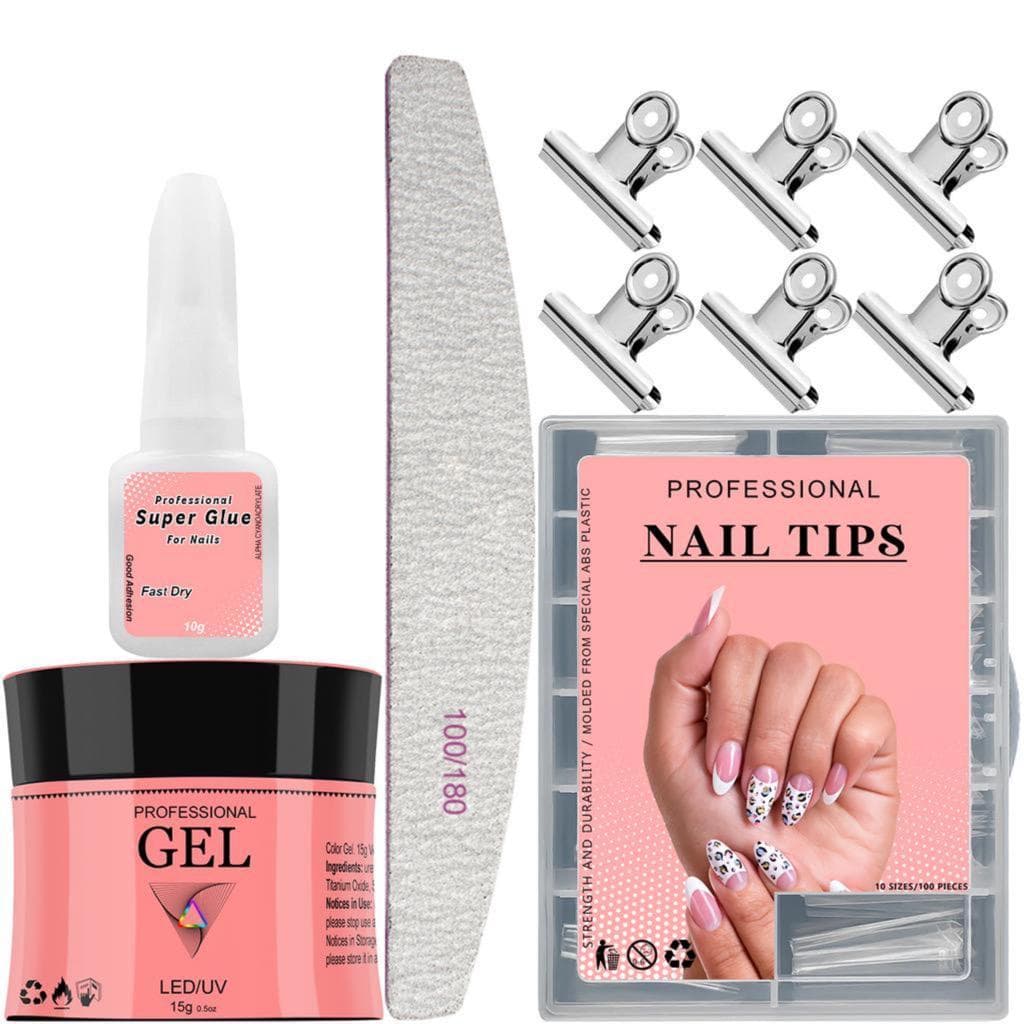 Kit Manicure Alongamento De Unhas em Gel Com 100 Tips Postiça Curva C + Cola Pincel + 1x lixa 100 180 + Gel Led UV