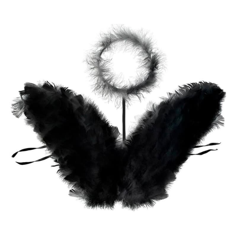Asa de Anjo Preta Adulta com Penas Halloween/Carnaval