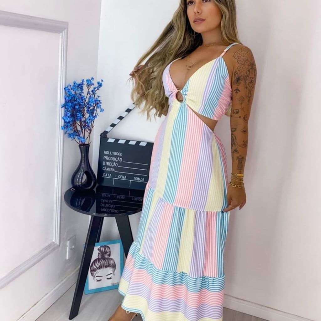 Vestido Lingo de alcinha Listrado Colorido Moda Blogueira