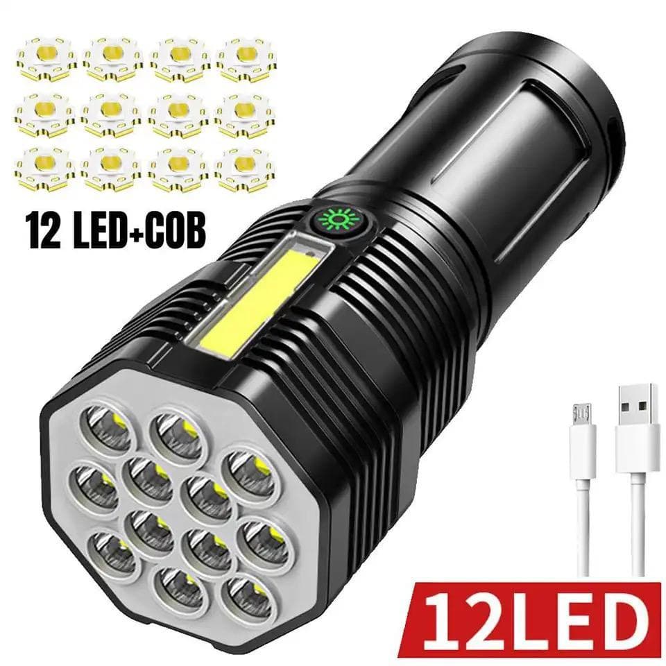 Lanterna LED Recarregável USB 12 LEDs Alta Potência com Luz COB Lateral Longo Alcance para Camping, Pesca, Carro MT183