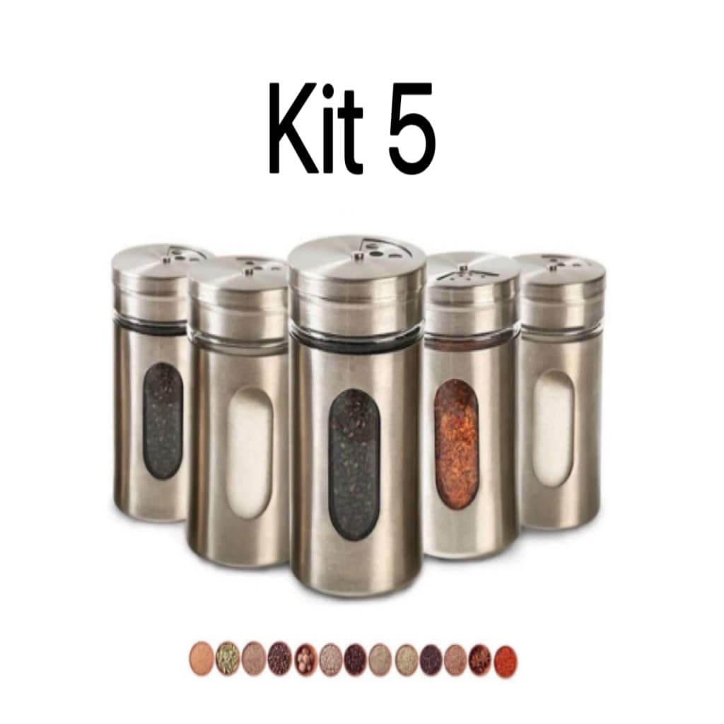 Kit 5 Saleiros Pimenteiro Condimentos Premium Vidro Aço Inox Com Visor