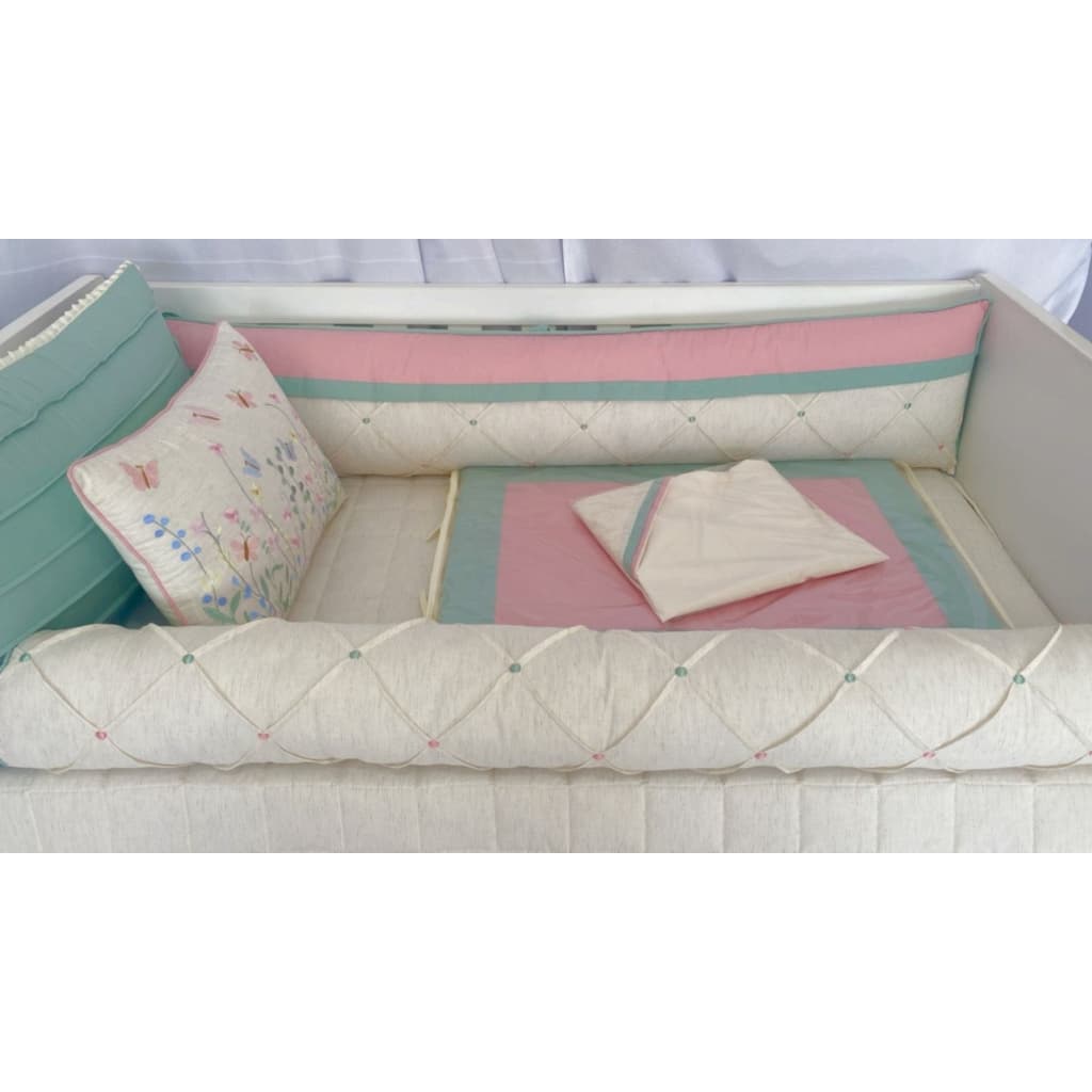 Kit Berço Americano Menina Jardim das Flores 10 Peças Rose Blush com Verde Erva Doce