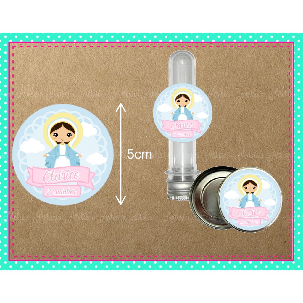 Rótulo Adesivo 5cm Lembrancinha Aniversário Personalizados Nossa Senhora das Graças Caixa Kit Santinha Batizado Batismo