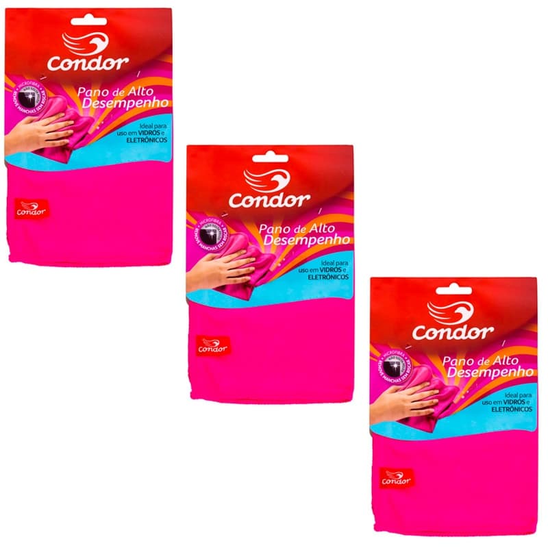 Kit 3 Pano Microfibra Alta Absorção para Vidros Eletrônicos Rosa Condor 40cm x 30cm