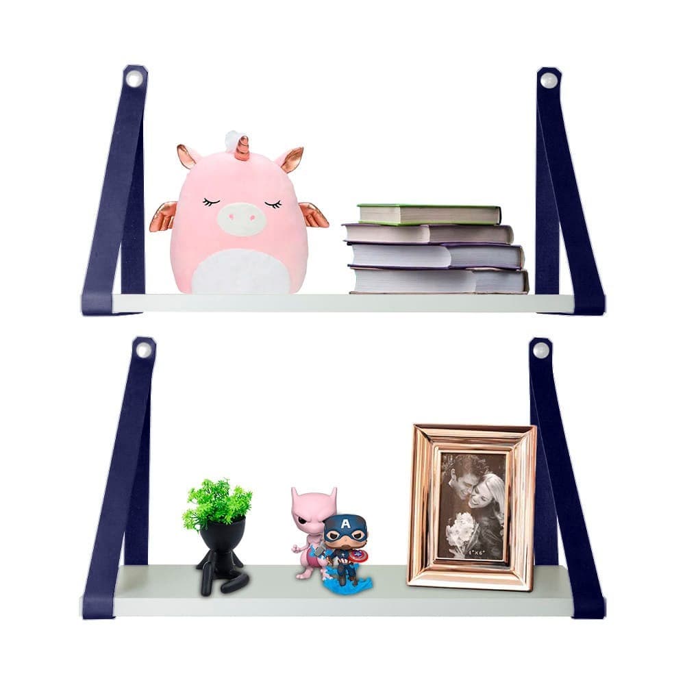 Kit 2 prateleiras branca com alça de couro azul ecológico/quarto bebê/decorações